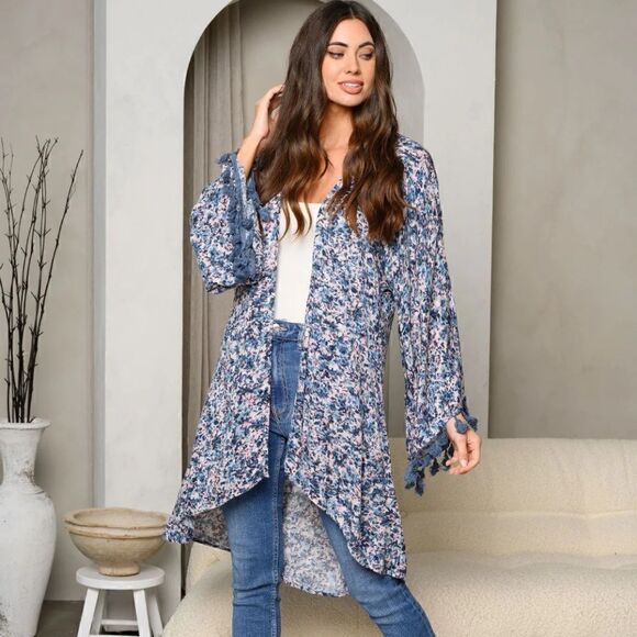 NEW! Beautiful Boho Bell Sleeves Long Open Front Blue Mute Floral Kimono Duster - Picture 2 of 4